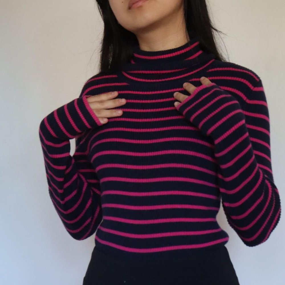 Ralph Lauren magenta/fuchsia and navy striped ribbed turtleneck